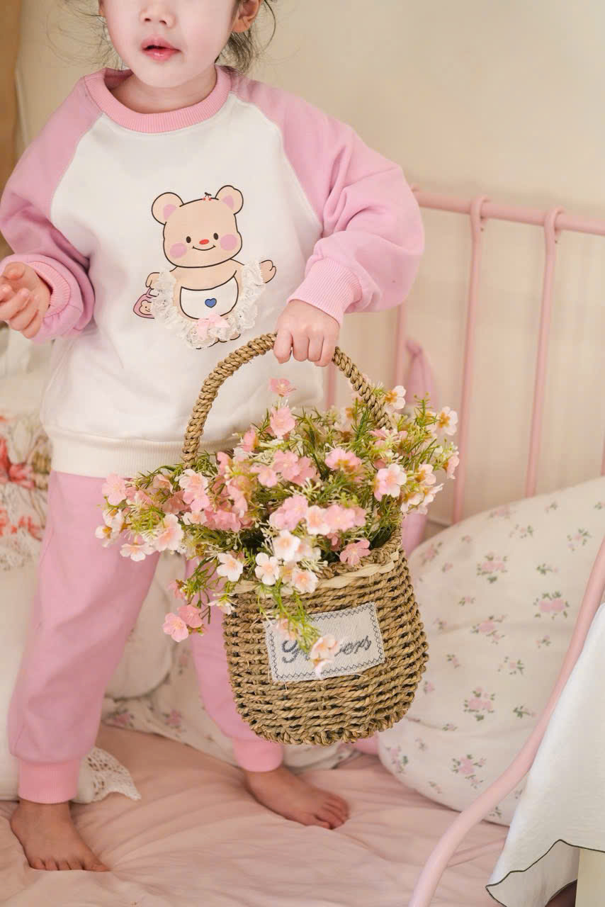 XẢ SET BỘ TRẮNG GẤU TAY PHA HỒNG QUẦN BO BG - A181