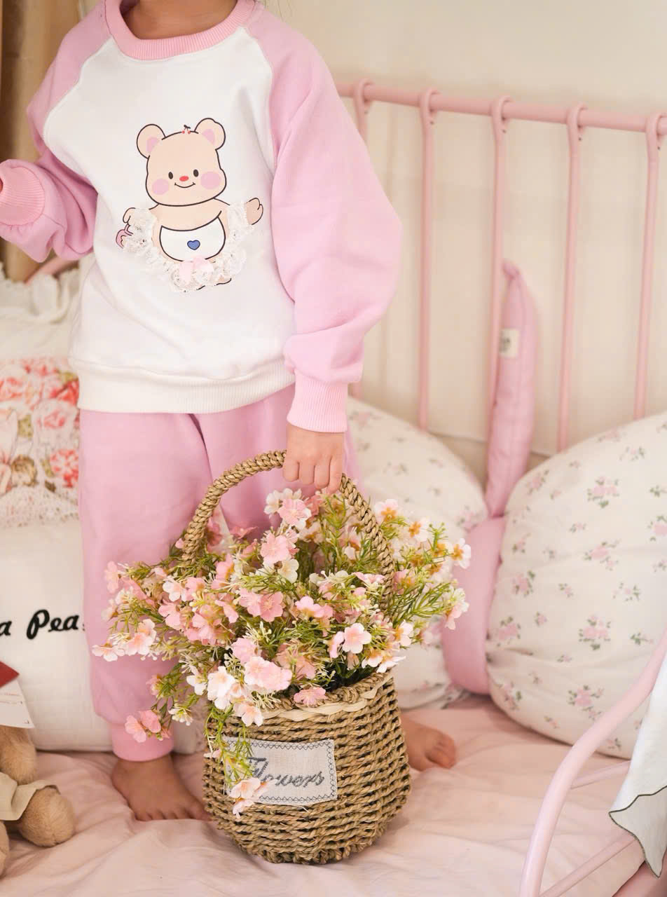 XẢ SET BỘ TRẮNG GẤU TAY PHA HỒNG QUẦN BO BG - A181