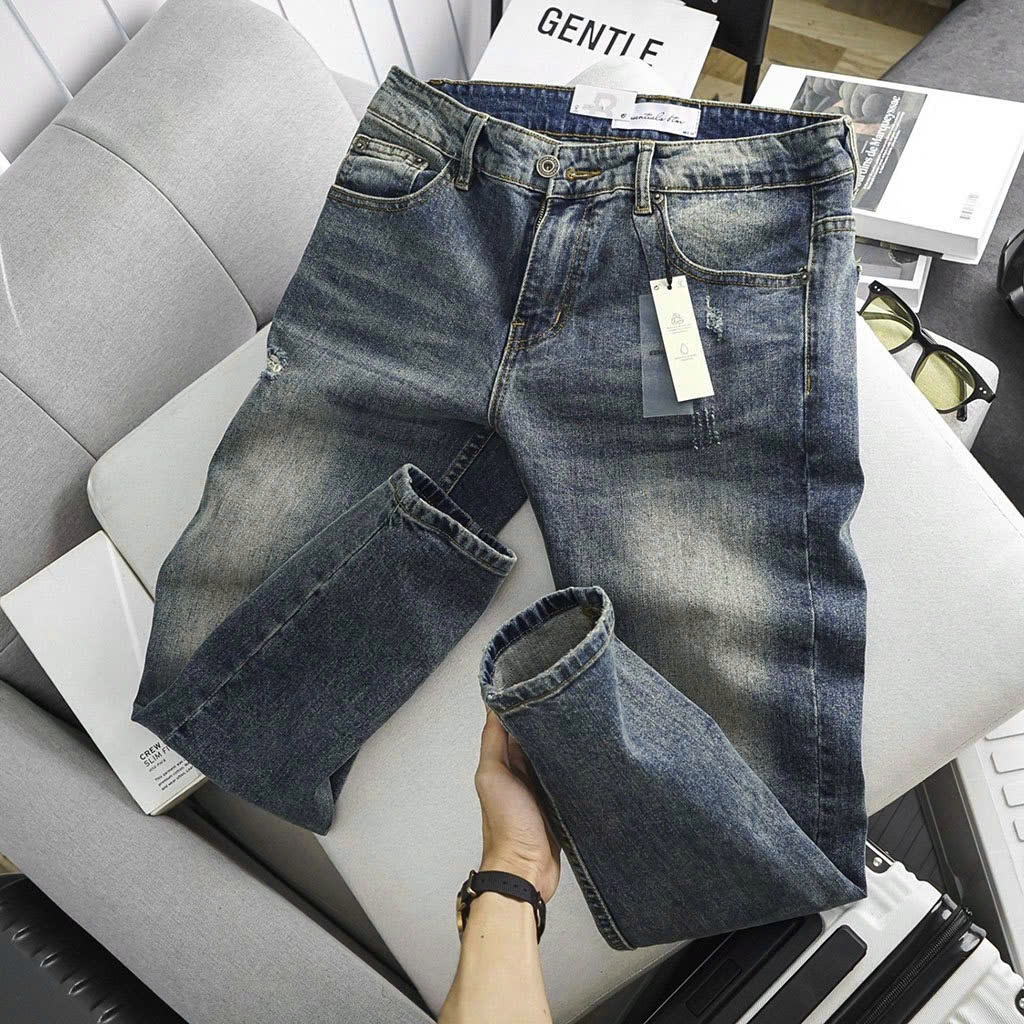 Quần jeans BTM dark blue form slimfit wash rách nhẹ