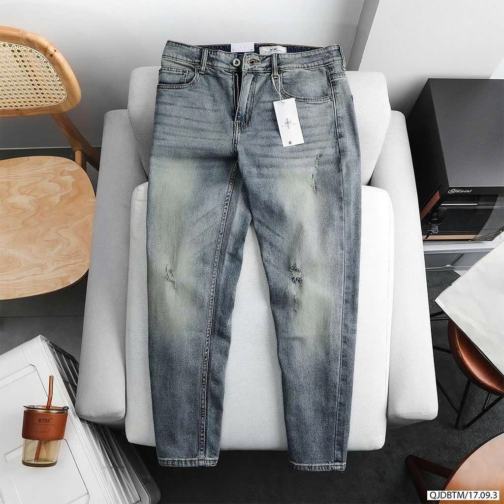Quần jeans BTM light blue form slimfit wash rách nhẹ