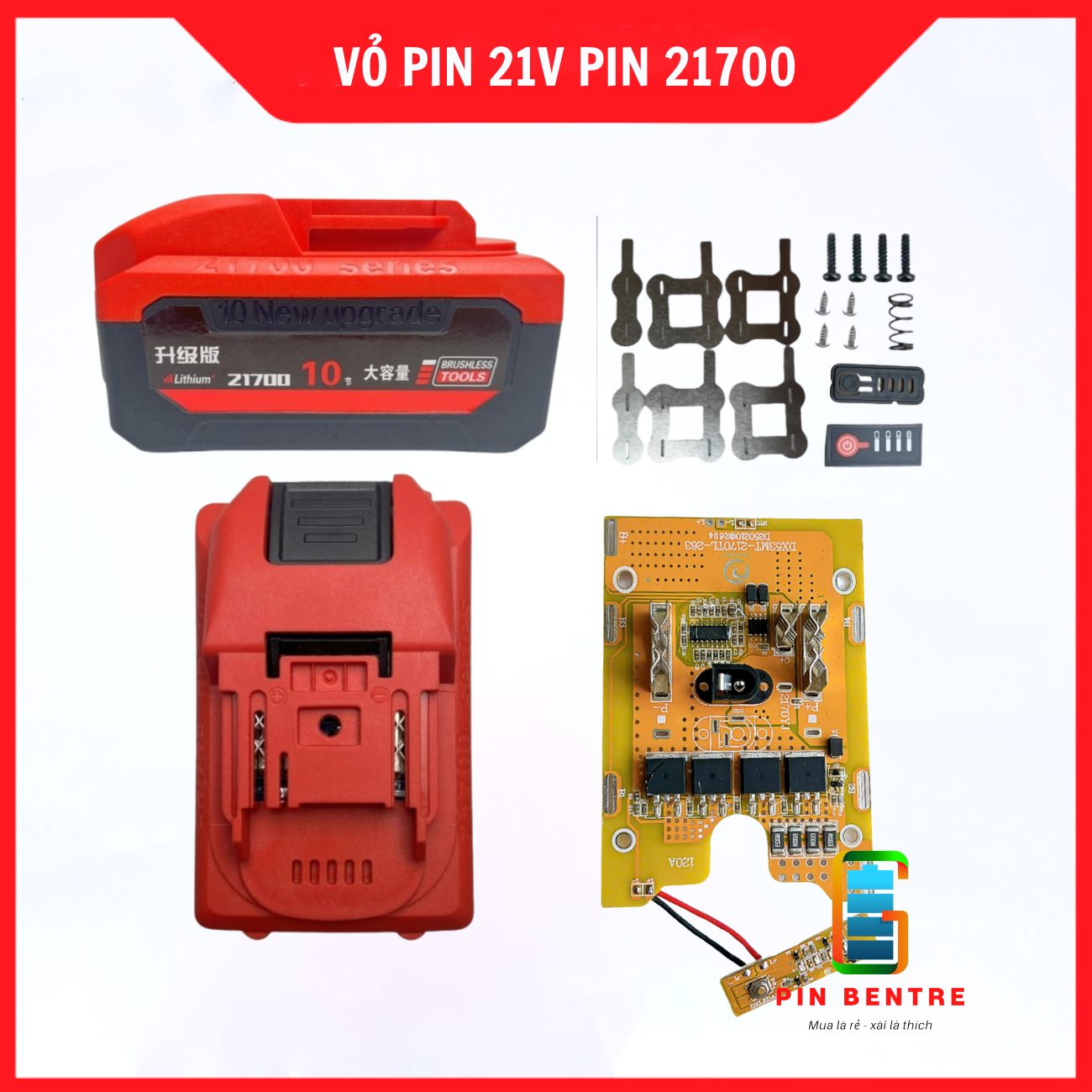 Vỏ pin Makita 21700 18V/21V báo Led hông 5S1P-5S2P sạc Adaptor