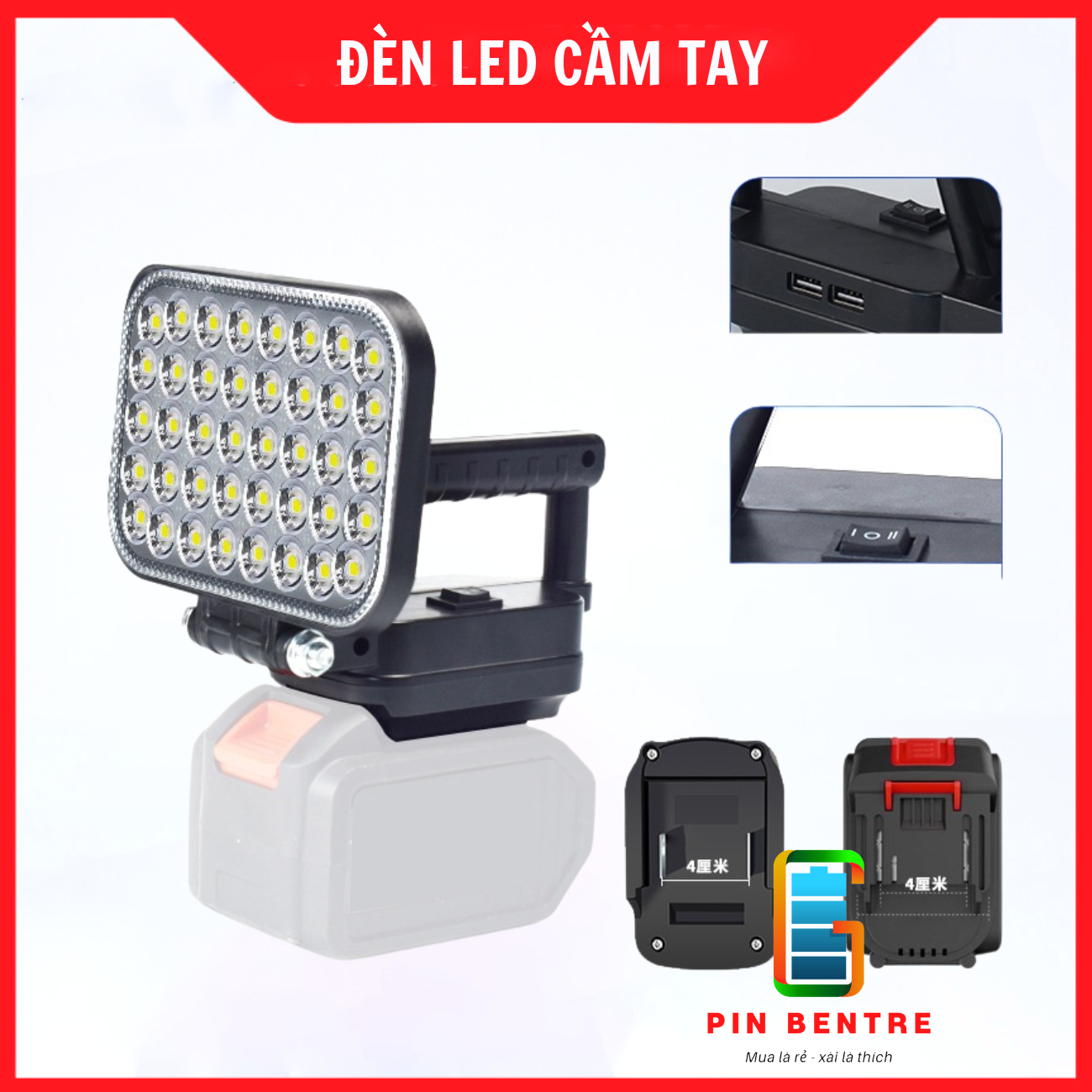 Đèn Led cầm tay di động dùng Pin chân Makita kèm 2 Cổng USB