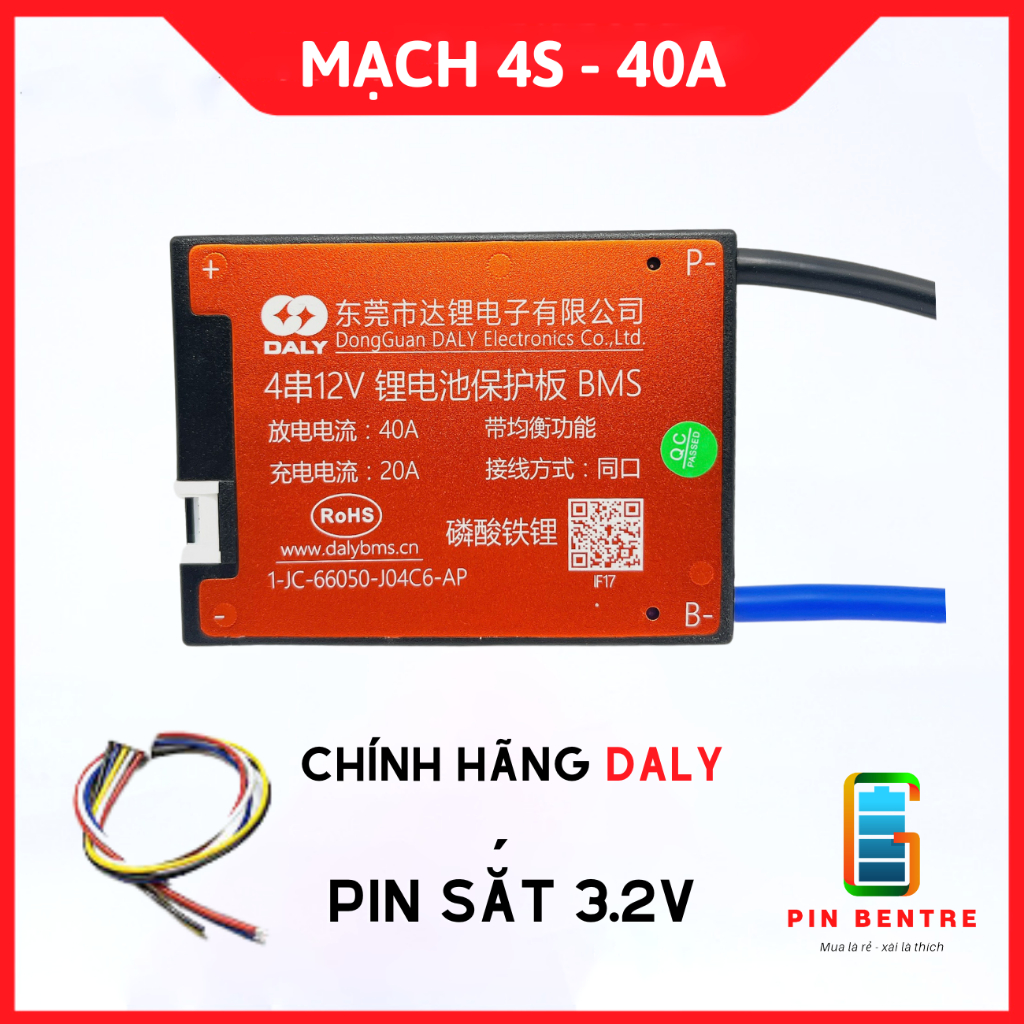 Mạch BMS 12V 4S - 40A Sạc Và Bảo Vệ Pin Sắt Hàng Chính Hãng Daly