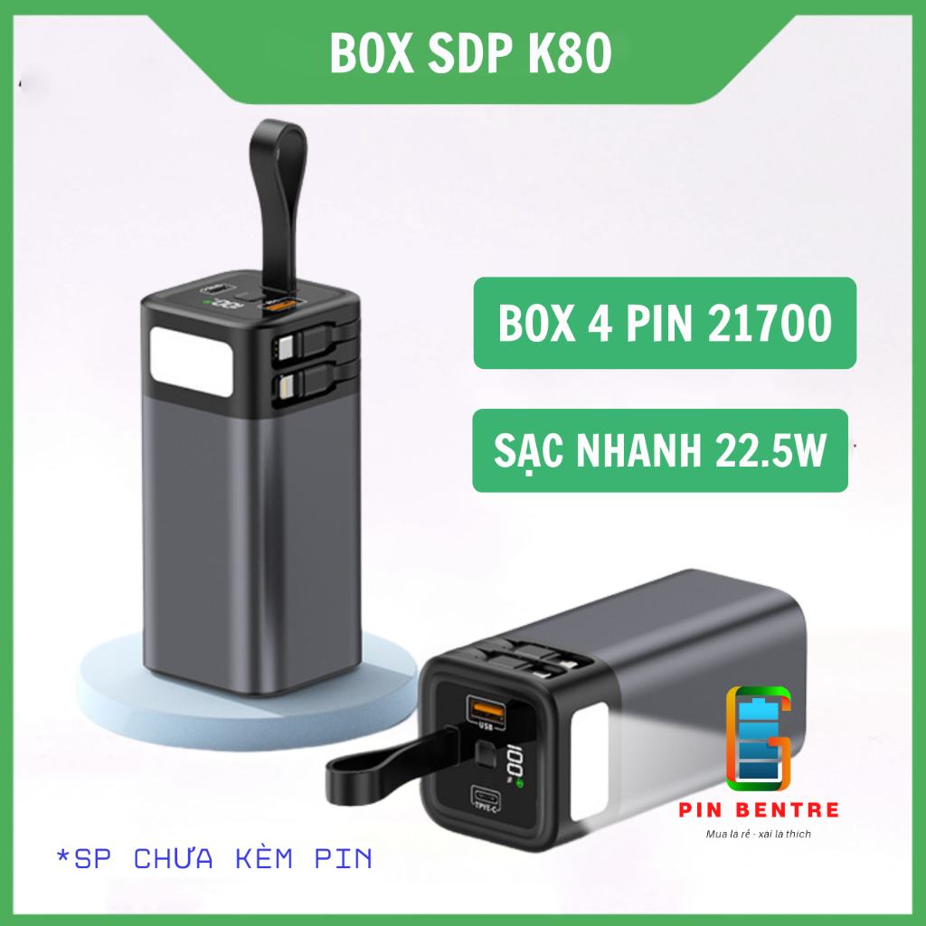 Box sạc dự phòng K80 22.5W chứa 4 Cell 21700 kèm cáp sạc và đèn Led