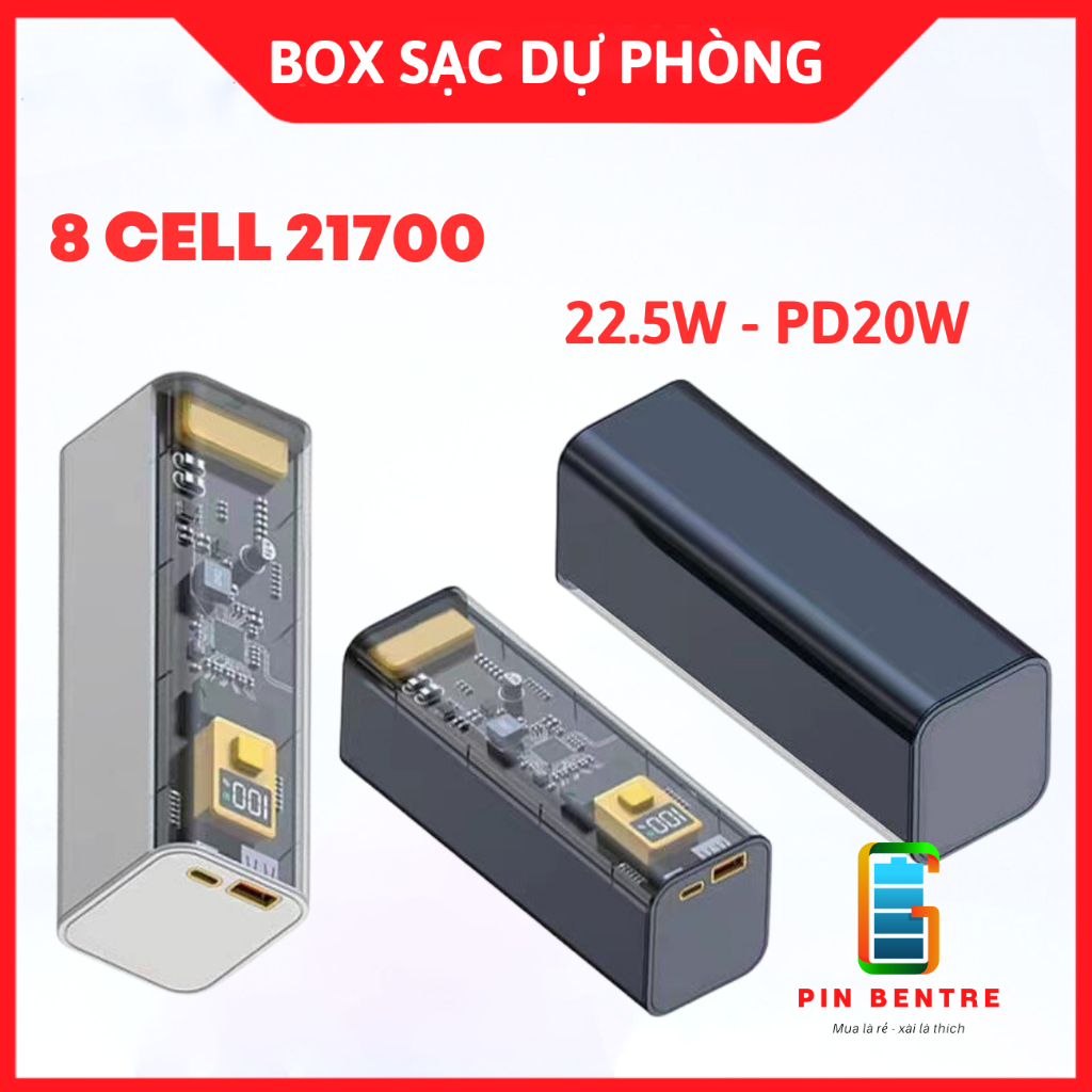 Box Sạc Dự Phòng Trong Suốt 22.5W Sử Dụng 8 Pin 21700