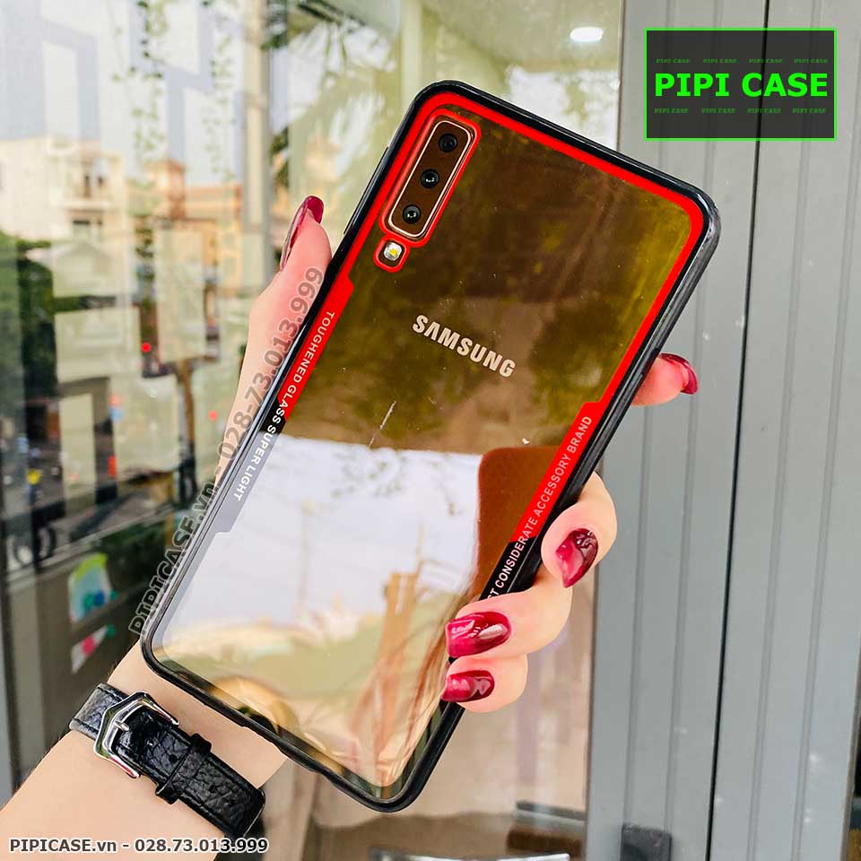 Ốp Lưng Samsung A7 2018 - Glass Super Light - Đỏ Đen
