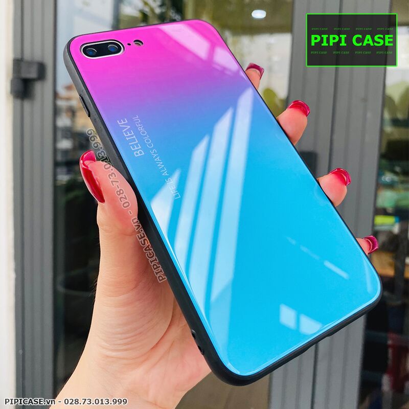 Ốp Lưng iPhone 8 Plus - Glass Two Color - Hồng Xanh