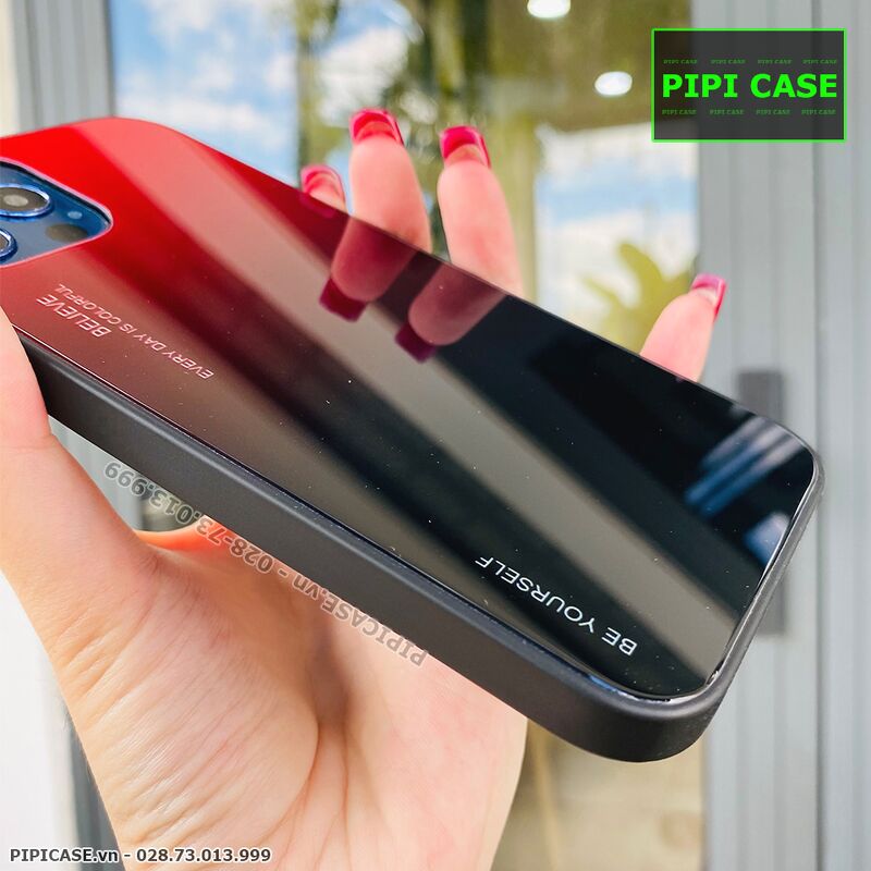Ốp Lưng iPhone 12 Pro Max - Glass Two Color - Đỏ Đen