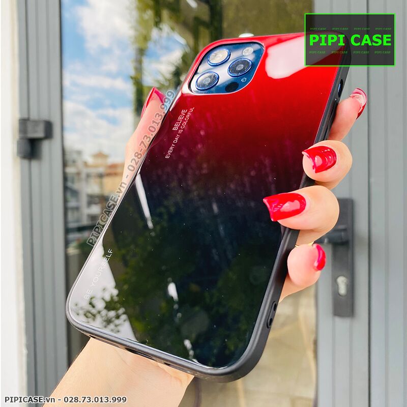 Ốp Lưng iPhone 12 Pro Max - Glass Two Color - Đỏ Đen