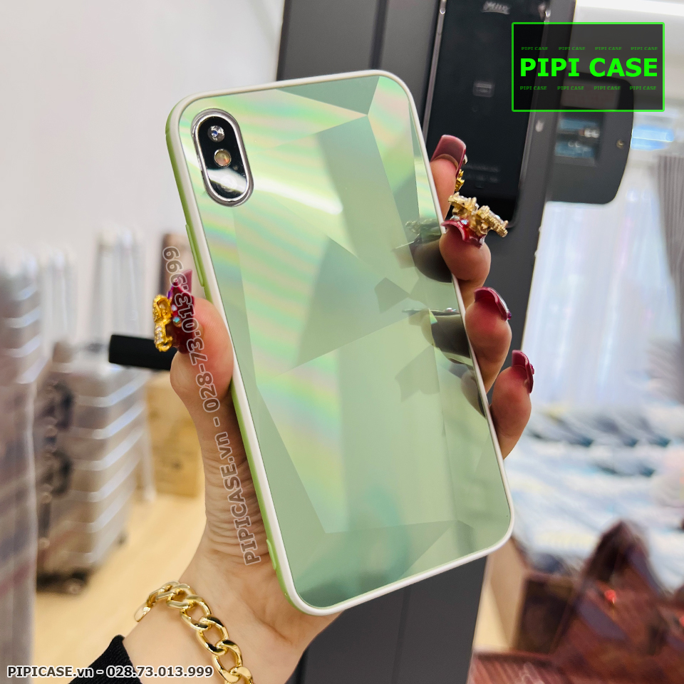 Ốp Lưng iPhone X / XS - Kim Cương 6D - Xanh Viền Trắng