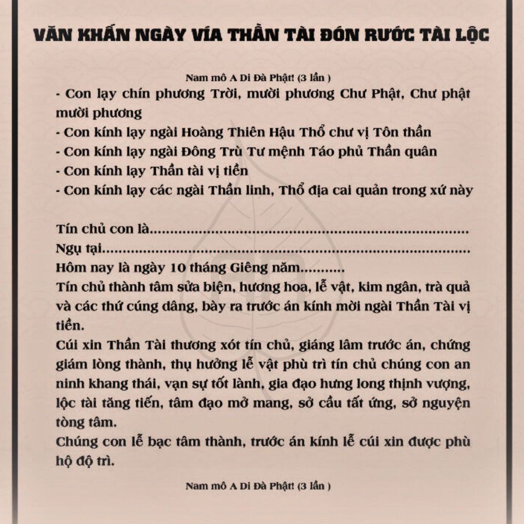 Văn khấn ngày vía thần tài mùng 10 tháng 1 Âm lịch