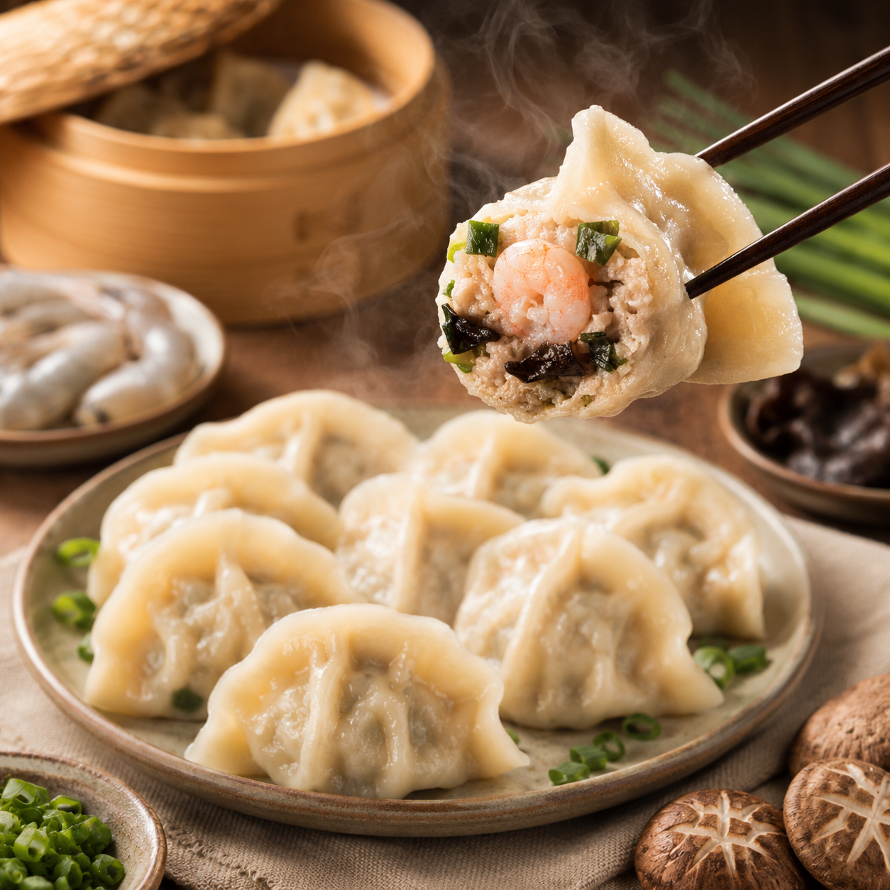  C035 Bánh sủi cảo nấm nhân thịt 玖德 菌菇三鲜水餃 50/pcs 1/KG ** 