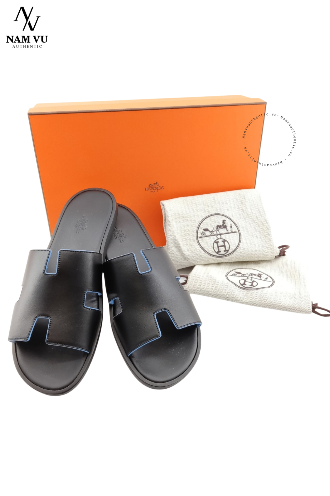 DHM Hermes Izmir sandal đen viền xanh