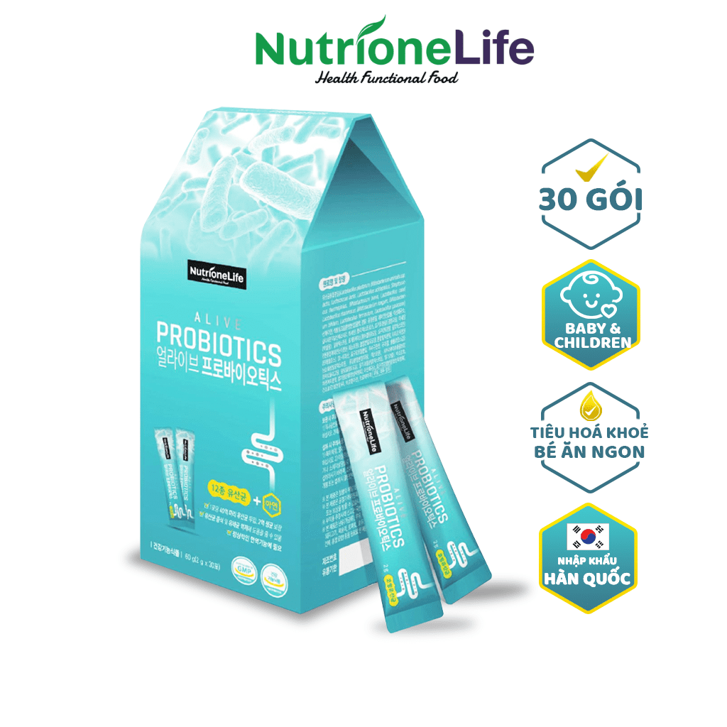 Men vi sinh bổ sung lợi khuẩn Alive Probiotics 12 chủng, kẽm cho bé ăn ngon giảm biếng ăn, hấp thu Kém, tiêu chảy, rối loạn tiêu hóa hộp 30 gói