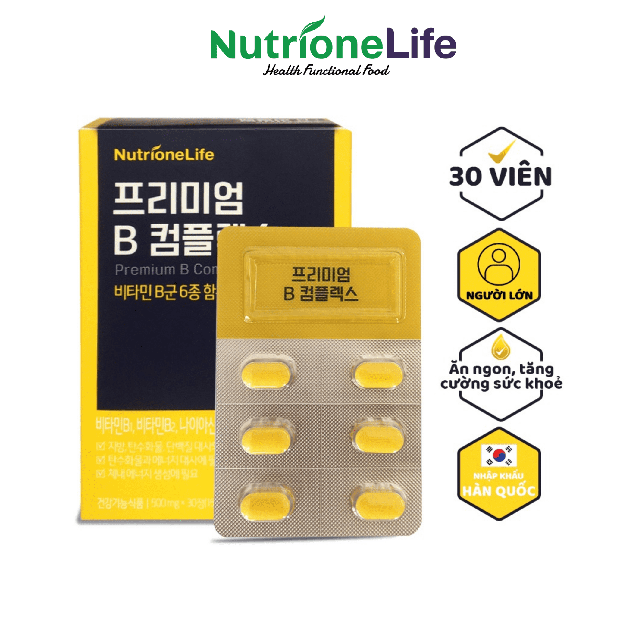 Viên uống bổ sung vitamin B tổng hợp  Premium B Complex ăn ngon, tăng cường sức khỏe, sức đề kháng, giảm mệt mỏi hộp 30 viên