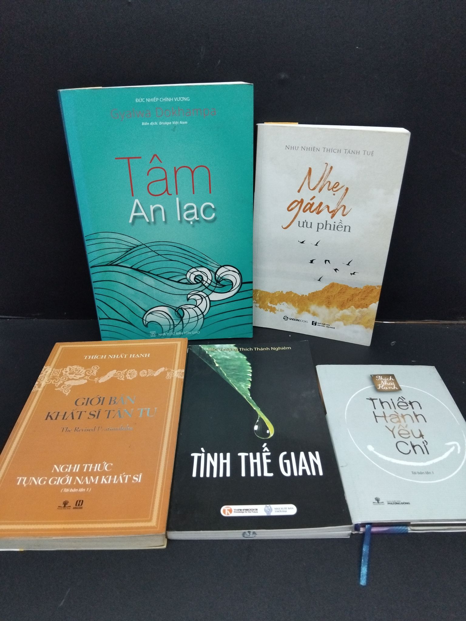 Combo tôn giáo thiền - Nhẹ gánh ưu phiền + Tâm an lạc + Nghi thức tụng giới nam khất sĩ + Tình thế gian + Thiền hành yếu chỉ mới 80% ố vàng CHP0510