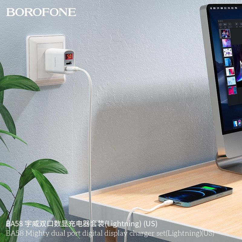 Bộ Sạc Borofone BA58 Lightning - 2 cổng sạc USB, có màn LCD