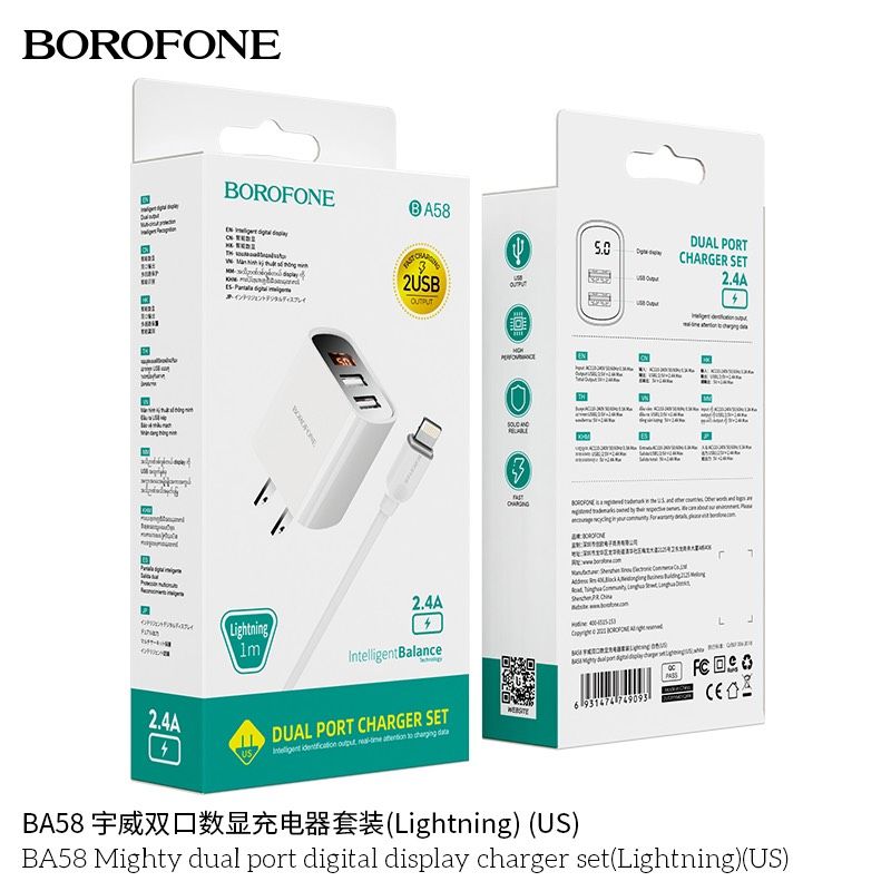 Bộ Sạc Borofone BA58 Lightning - 2 cổng sạc USB, có màn LCD