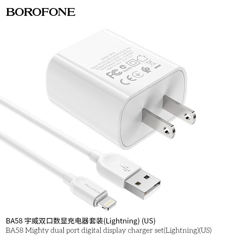 Bộ Sạc Borofone BA58 Lightning - 2 cổng sạc USB, có màn LCD