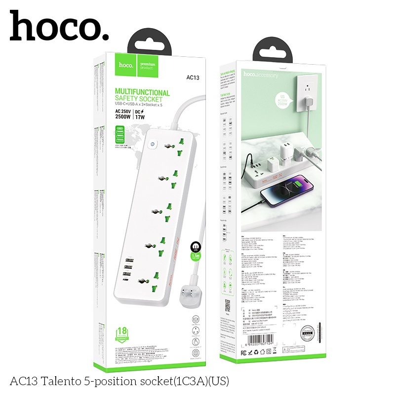 Ổ cắm an toàn đa chức năng Hoco AC13 250V 2500W DC17W