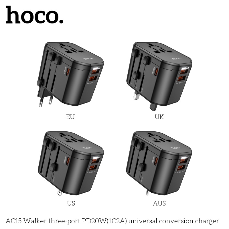 Củ sạc đa năng AC15 AC230V 1840W AC110V 880W (1 ổ cắm + 2 cổng USB + 1 cổng typeC) PD20W QC3.0