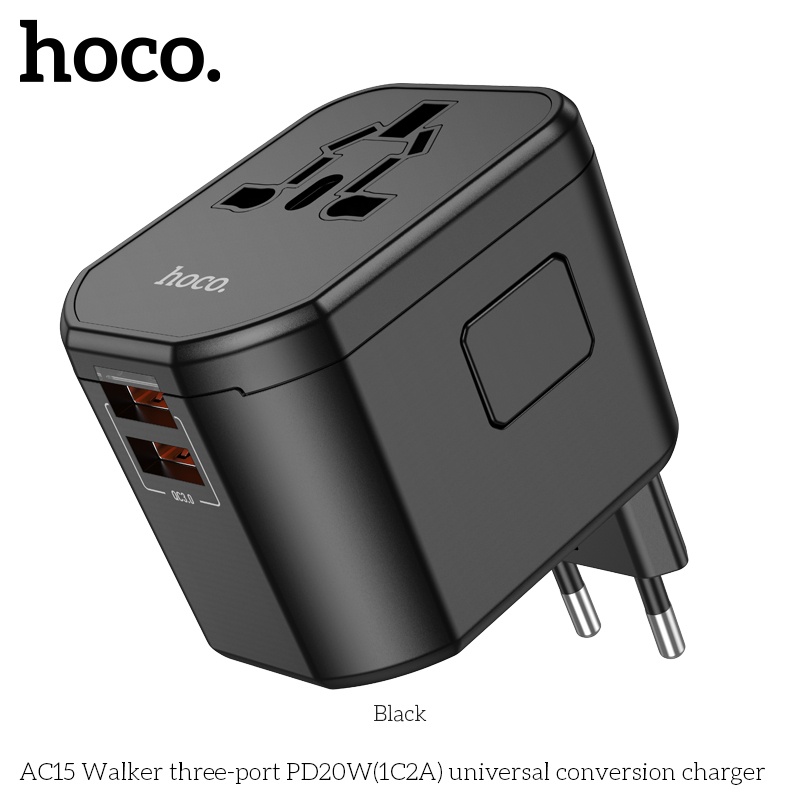 Củ sạc đa năng AC15 AC230V 1840W AC110V 880W (1 ổ cắm + 2 cổng USB + 1 cổng typeC) PD20W QC3.0