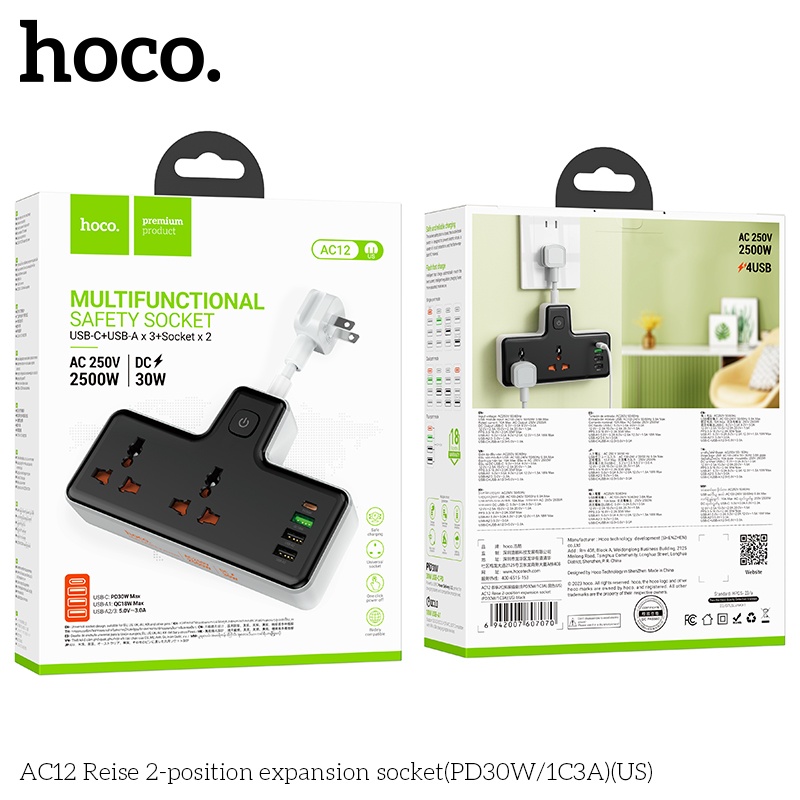 Ổ cắm sạc an toàn Hoco AC12 (AC 250V 2500W, DC30w)