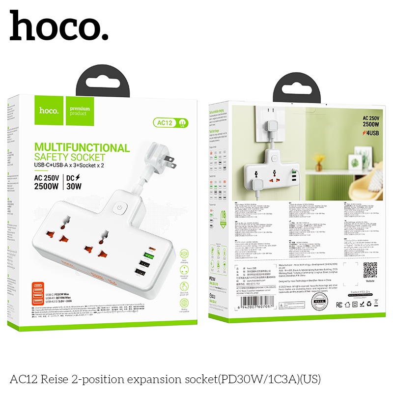 Ổ cắm sạc an toàn Hoco AC12 (AC 250V 2500W, DC30w)