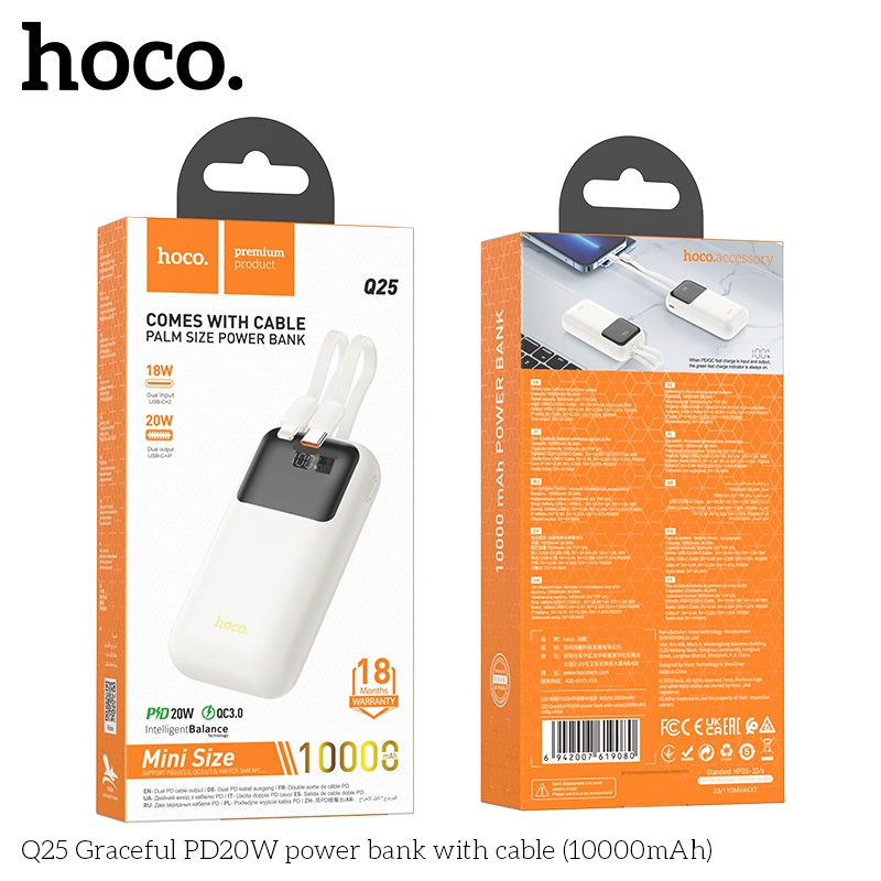 Pin sạc dự phòng sac nhanh Hoco Q25 10.000mAh PD20W QC3.0 (có dây ip+typeC)