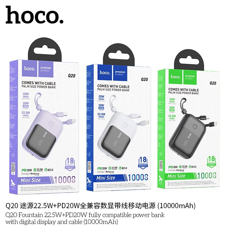 Pin sạc dự phòng sạc nhanh Hoco Q20 22.5W PD20W có màn hình và cáp 10.000mAh