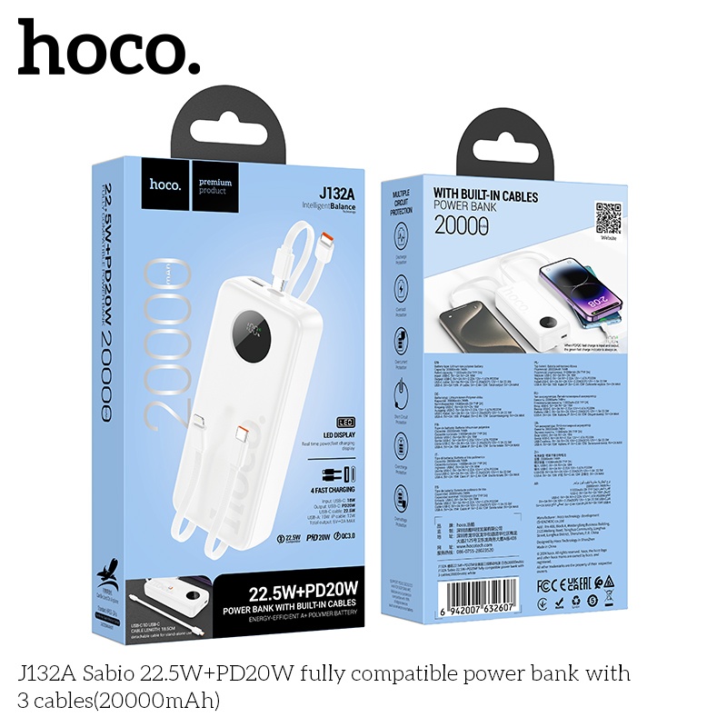 Pin sạc dự phòng có dây J132A 20.00mAh 22.5W+PD20W