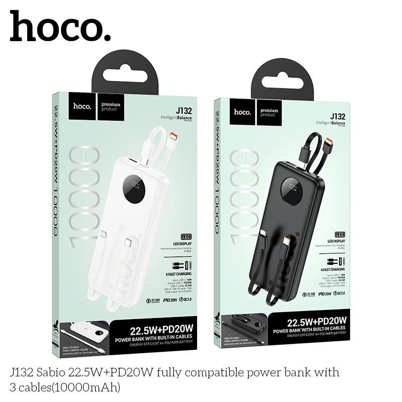 Pin sạc dự phòng sạc nhanh Hoco J132 22.5W +PD20W có 3 cáp 10.000mAh