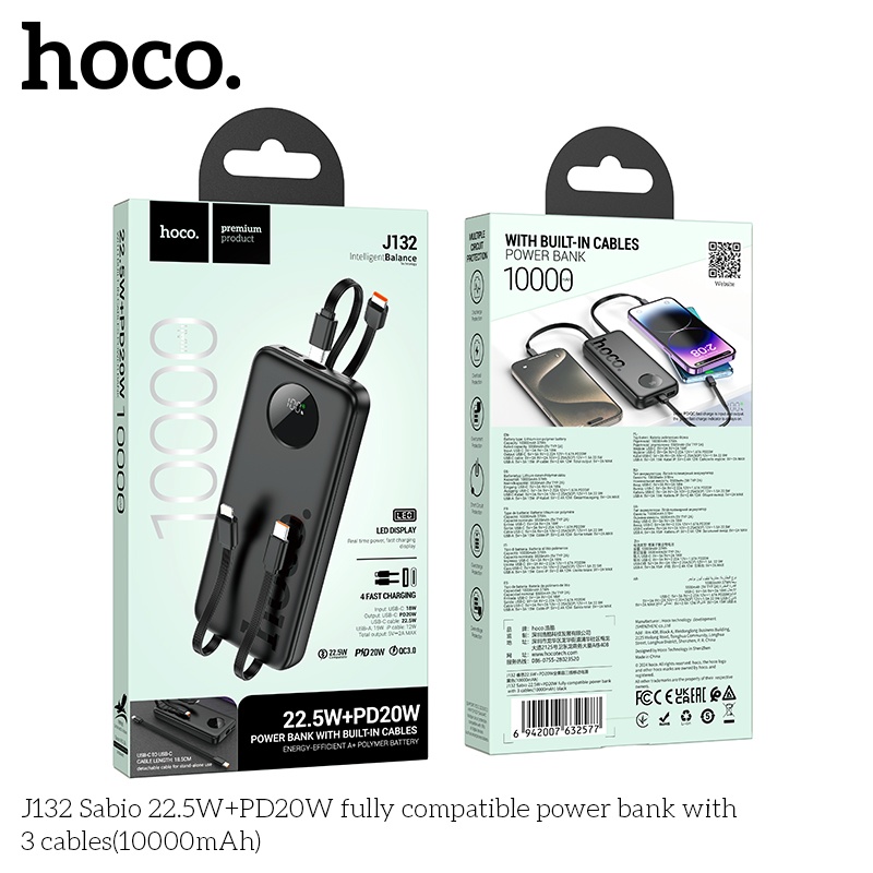 Pin sạc dự phòng sạc nhanh Hoco J132 22.5W +PD20W có 3 cáp 10.000mAh