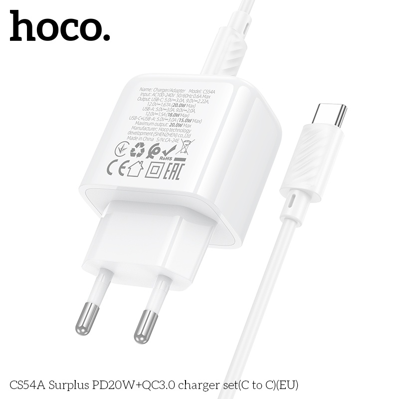 Bộ củ cáp sạc nhanh 2 cổng Hoco CS54A TypeC PD20W+QC3.0