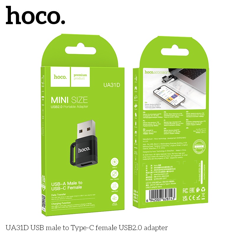 Đầu chuyển đổi mini USB-A đực USB-C Cái Hoco UA31D