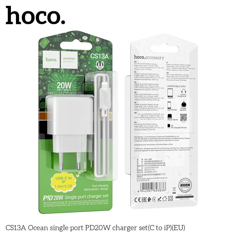 Bộ củ cáp sạc nhanh Hoco PD20W CS13A lightning (C to Ip)