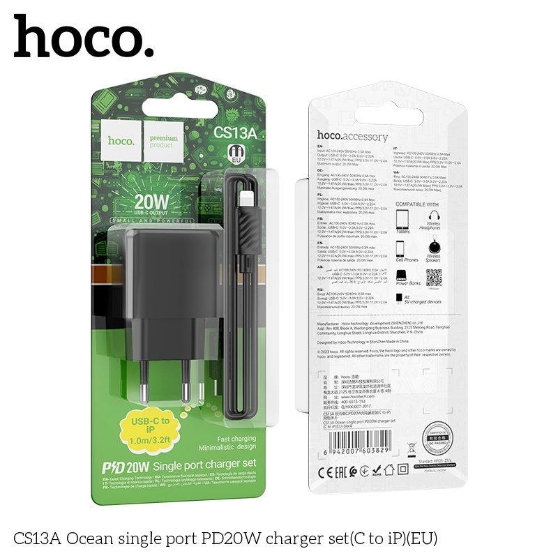 Bộ củ cáp sạc nhanh Hoco PD20W CS13A lightning (C to Ip)