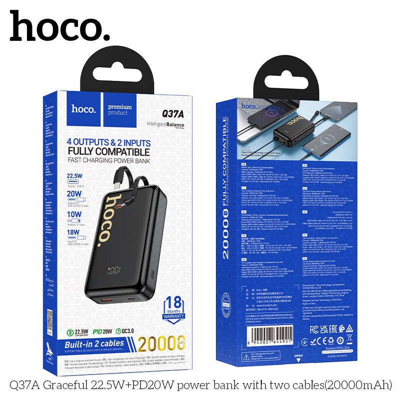 Pin sạc dự phòng sạc nhanh có dây Hoco Q37A 20.000mAh 22.5WW+PD20W (1 dây ip 1 dây typec)