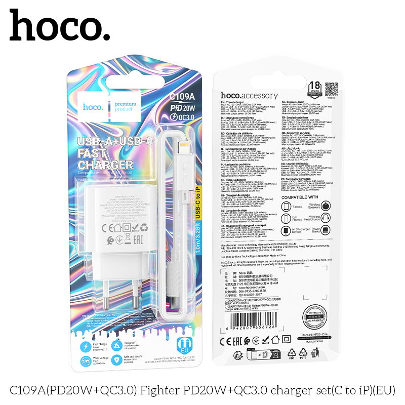 Bộ củ cáp sạc nhanh 2 cổng PD20W+QC3.0 Hoco C109/C109A Typec - Lightning