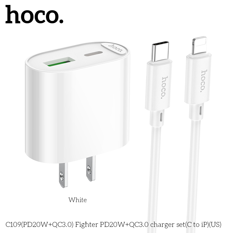 Bộ củ cáp sạc nhanh 2 cổng PD20W+QC3.0 Hoco C109/C109A Typec - Lightning