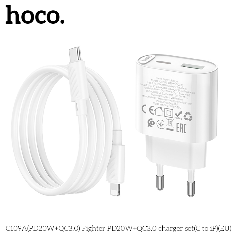 Bộ củ cáp sạc nhanh 2 cổng PD20W+QC3.0 Hoco C109/C109A Typec - Lightning