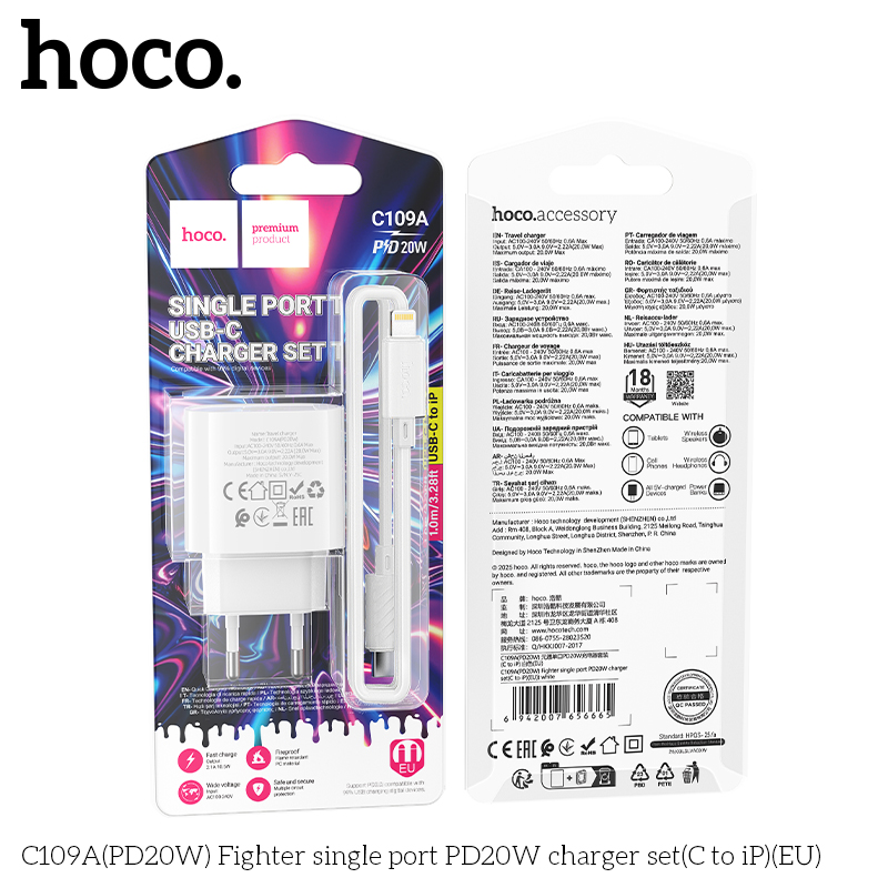 Bộ củ cáp sạc nhanh PD20W Hoco C109/C109A TypeC to Ip