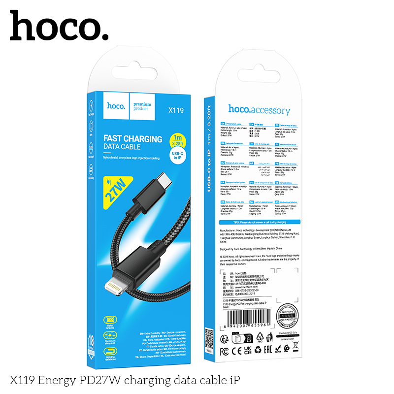Cáp sạc dây dù Hoco X119 Typec-Lightning PD27W
