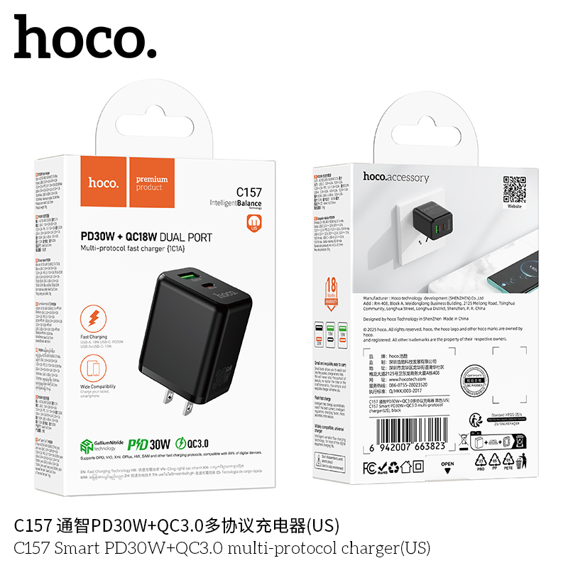 Củ sạc đa giao thức Smart PD30W+QC3.0 Hoco C157 (US)