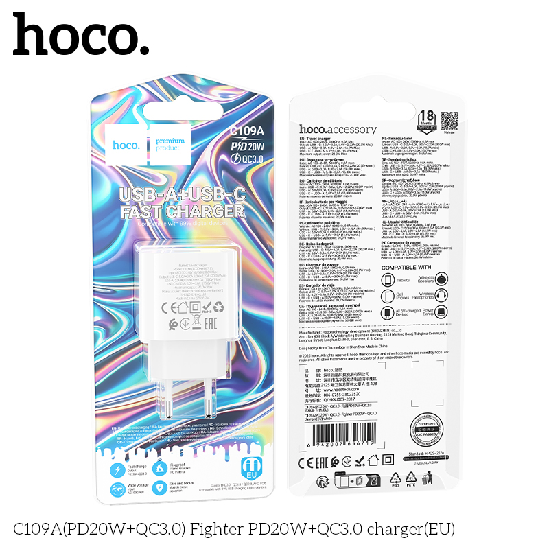 Củ sạc nhanh 2 cổng PD20W+QC3.0 Hoco C109/C109A