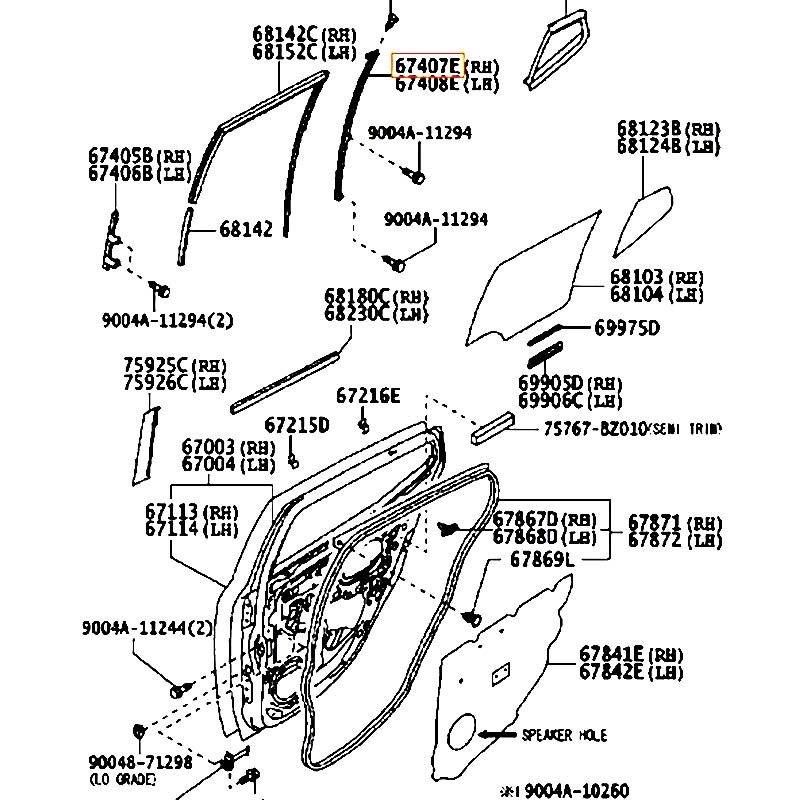 Xương dẫn hướng lên xuống kính cánh cửa sau RH Wigo - hãng TOYOTA | 67407BZ100