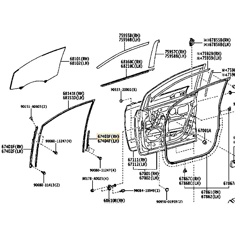 Xương dẫn hướng lên xuống kính cánh cửa trước sau RH Sienna - hãng TOYOTA | 6740308020