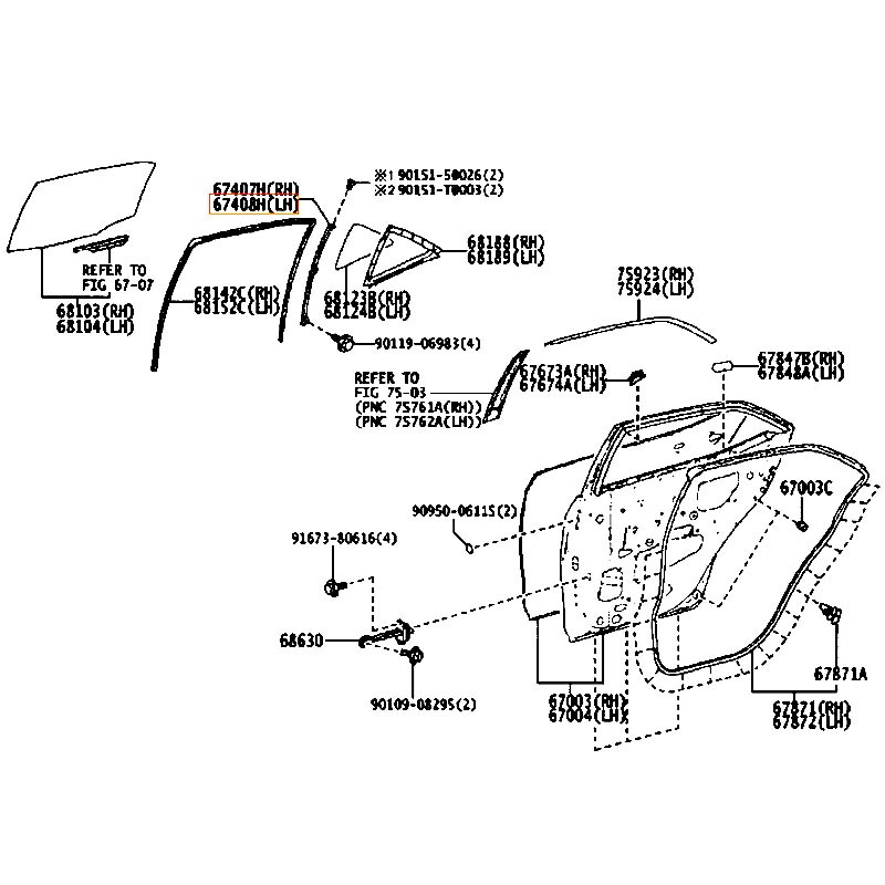 Xương dẫn hướng lên xuống kính cánh cửa sau LH Corolla - hãng TOYOTA | 6740802140