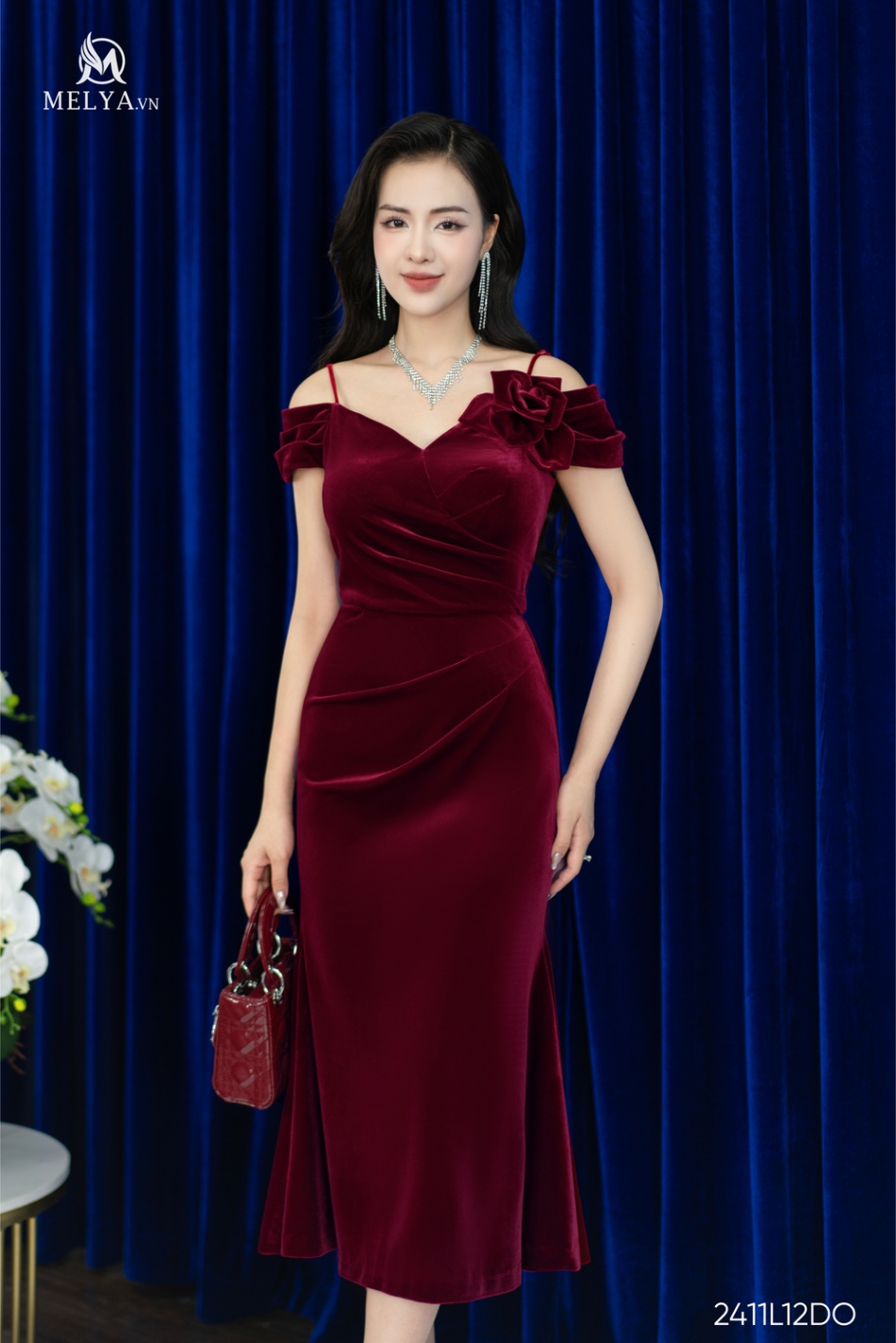 Đầm Đuôi Cá - Hoa Vai - Đỏ Rượu Vang