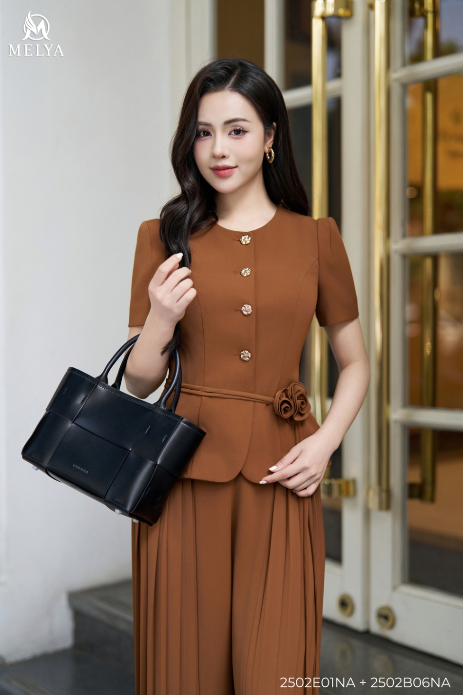 Áo kiểu - Phối dây đai hoa - Nâu